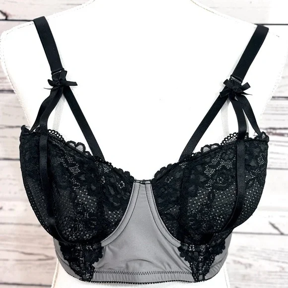 Torrid Underwire Lined Lace Mesh Bustier in Grey and Black Size 2 - Picture 4 of 9